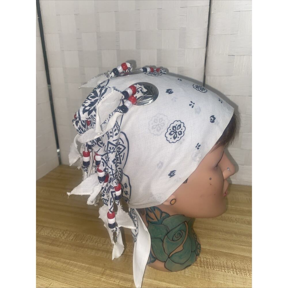 White Concha Fringed Beaded Scarf Bandana Head Neck Wrap USA Western